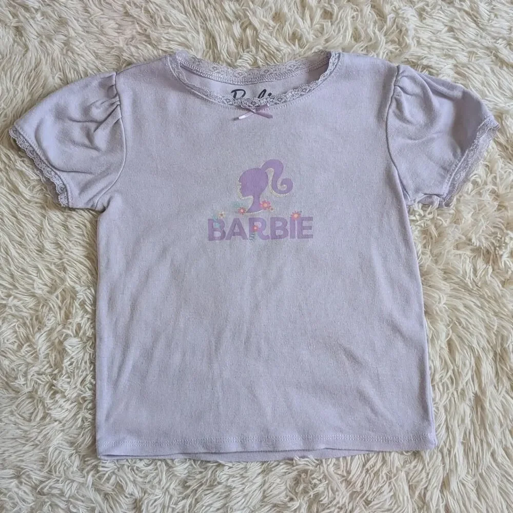 Barbie Girls Size 5T Lavender Lace Puff Sleeve Shirt Floral Fleece Shorts Set